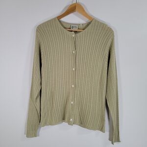 BOBBY JONES Light Green Silk Cardigan Sweater Size L Delicate Cable Knit